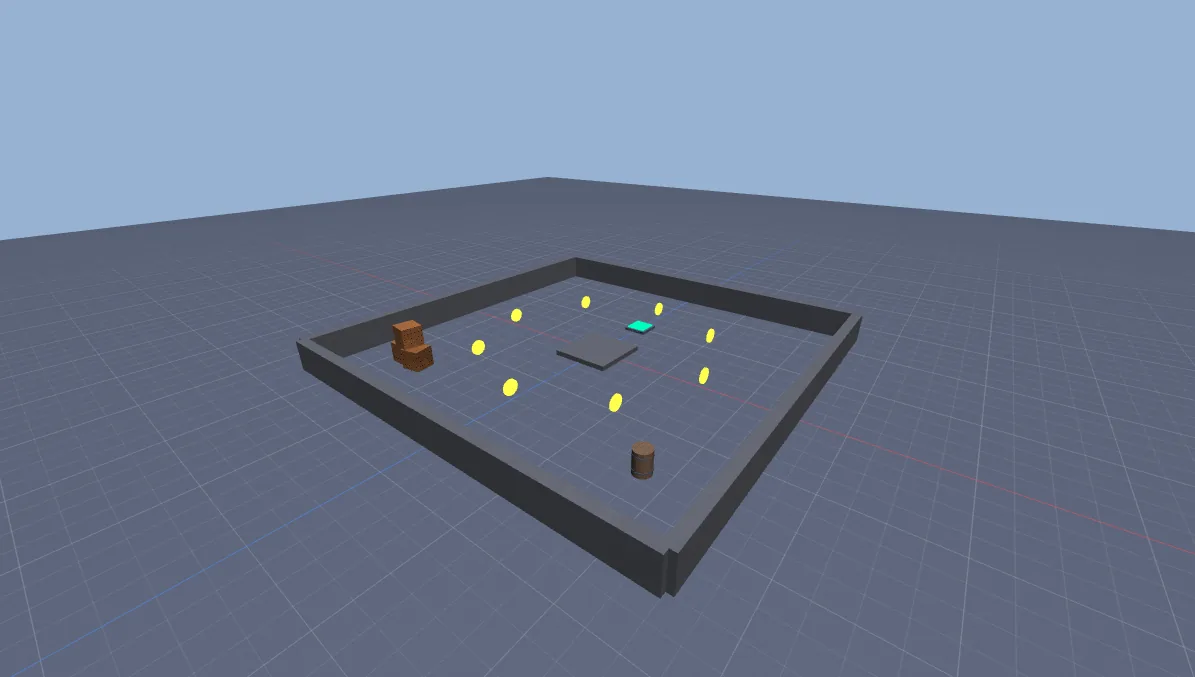 A walled arena on a grey baseplate with yellow coins, crates and a barrel.