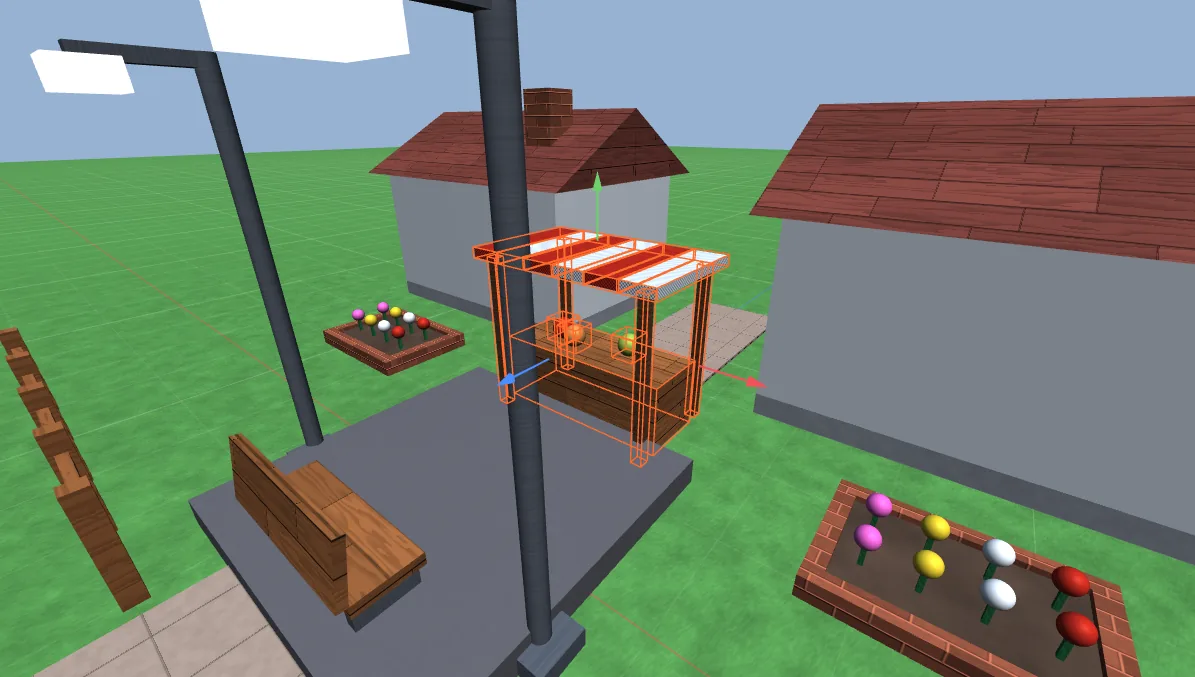 Move tool arrows on a market stall in the Village template.